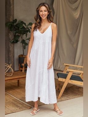 (12550/12250-WHT) LINEN FLORAL EMBROIDERY DETAILED SLIP DRESS